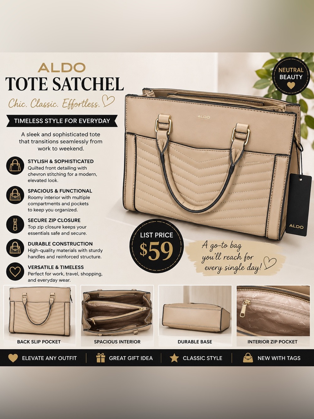 ALDO Cream Beige Quilted Satchel Tote Handbag